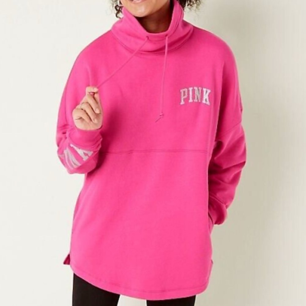 VICTORIA'S SECRET PINK Varsity Cowl Oversized Fleece Pullover XS Atomic Pink NWT